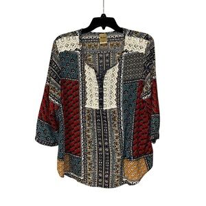 Blair Womens Boho Patchwork Print Sheer Blouse‎ XL 3/4 Sleeve Lace Festival